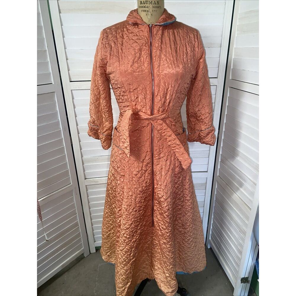 Vintage 50s 60s Orange Satin Quilted Zipper Front & Tie Robe Lined Full Length S
